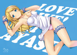 Rule 34 | 10s, 1girl, ayase eli, blonde hair, blouse, blue eyes, breasts, character name, cleavage, copyright name, bridal garter, long hair, looking at viewer, love live!, love live! school idol festival, love live! school idol project, lying, medium breasts, ok-ray, on back, panties, scrunchie, shirt, smile, solo, thigh strap, underwear, white shirt, wrist scrunchie