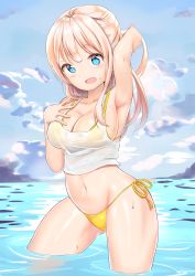 1girl arm_up armpits aymusk bikini blonde_hair blue_eyes blush breasts cleavage female_focus highres large_breasts long_hair medium_breasts open_mouth original see-through_silhouette solo swimsuit wading wet wet_clothes yellow_bikini