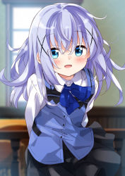 Rule 34 | 1girl, :d, absurdres, arms behind back, black skirt, blue bow, blue eyes, blue hair, blue vest, blurry, blurry background, blush, bow, collared shirt, commentary request, day, depth of field, floating hair, gochuumon wa usagi desu ka?, hair between eyes, hair ornament, highres, indoors, kafuu chino, leaning forward, long hair, looking at viewer, mousou (mousou temporary), open mouth, rabbit house uniform, shirt, sidelocks, skirt, smile, solo, sunlight, table, uniform, vest, waitress, white shirt, window, x hair ornament