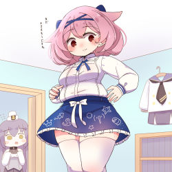 Rule 34 | 2girls, aylwin (azur lane), aylwin (sunday aquarium visit) (azur lane), azur lane, blue ribbon, blue skirt, blush, blush stickers, bookshelf, bow, breasts, bursting belly, closed mouth, clothes hanger, collared shirt, commentary request, dewey (azur lane), flying sweatdrops, garrison cap, hair between eyes, hair bow, hat, highres, horoyuki (gumizoku), indoors, long hair, long sleeves, medium breasts, multiple girls, neck ribbon, nose blush, open mouth, pink hair, plump, purple hair, red eyes, ribbon, sailor hat, shirt, short hair, skindentation, skirt, smile, sweatdrop, thick thighs, thighhighs, thighs, translated, undersized clothes, white legwear, worried