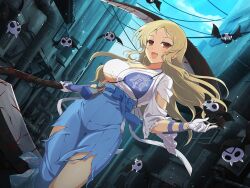 Rule 34 | 1girl, bag, balcony, bat (animal), bat wings, blonde hair, blue bow, blue pants, blue sky, blush, bow, bracer, breasts, building, cloud, collarbone, day, gloves, hair ornament, hairclip, hakama, holding, holding scythe, holding weapon, huge weapon, industrial, industrial pipe, japanese clothes, kimono, large breasts, long hair, looking at viewer, mole, mole under mouth, muneate, official art, open mouth, outdoors, pants, railing, red eyes, scythe, senran kagura, senran kagura new link, senran kagura shinovi versus, shiki (senran kagura), sky, smile, solo, tongue, torn clothes, torn pants, weapon, window, wings, yaegashi nan