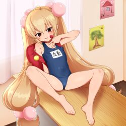 Rule 34 | 1girl, :3, absurdres, accessories, ahoge, backpack, bag, barefoot, bikini, blonde hair, brown eyes, candy, child, classroom, commission, curtains, desk, feet, flat chest, food, goki buri, hair ornament, highres, kodomo no jikan, kokonoe rin, lollipop, long hair, navel, on desk, pixiv commission, randoseru, school swimsuit, sitting, on desk, solo, swimsuit, thighs, toes, tongue, tongue out, twintails, v
