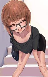 Rule 34 | 1boy, ^ ^, black shirt, black shorts, brown hair, closed eyes, collarbone, facing viewer, glasses, highres, leaning forward, male focus, open mouth, original, shirt, short sleeves, shorts, smile, solo, stairs, standing, trap, w (1999 kyu)