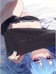 Rule 34 | 1girl, absurdres, black shirt, blue eyes, blue hair, blue nails, character name, highres, hololive, hololive dance practice uniform, hoshimachi suisei, long hair, looking at viewer, lying, navel, on back, on bed, shirt, shorts, solo, tsushi, virtual youtuber