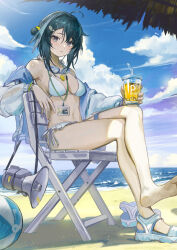 Rule 34 | 1girl, absurdres, ahoge, arknights, ball, bare shoulders, barefoot, beach, beachball, bikini, black eyes, black hair, blue sky, breasts, chair, cleavage, closed mouth, cloud, crossed legs, cup, day, disposable cup, drink, feather hair, feet, folding chair, frilled bikini, frills, goggles, goggles around neck, hair bun, hair ornament, hairclip, highres, holding, holding cup, horizon, id card, jacket, jacket over swimsuit, la pluma (arknights), la pluma (summer flowers) (arknights), legs, long sleeves, looking at viewer, medium breasts, megaphone, ocean, off shoulder, official alternate costume, open clothes, open jacket, outdoors, peach21, sandals, shadow, short hair, single hair bun, single sandal, single side bun, sitting, sky, soles, solo, swimsuit, thighs, toes, unworn sandals, whistle, whistle around neck, white bikini, white jacket, wing hair ornament