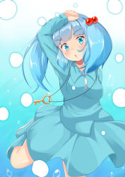 Rule 34 | 1girl, air bubble, arm on own head, arm up, blue background, blue eyes, blue hair, blue shirt, blue skirt, blush, boots, breasts, bubble, commentary request, gradient background, hair bobbles, hair ornament, head tilt, kawashiro nitori, key, leg lift, long sleeves, looking at viewer, medium breasts, open mouth, rubber boots, rururiaru, shirt, short hair, skirt, skirt set, solo, standing, standing on one leg, touhou, twintails, underwater