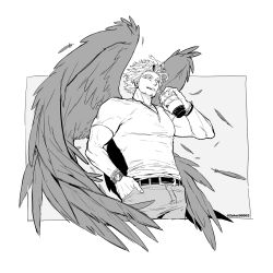 Rule 34 | 1boy, absurdres, alternate pectoral size, bara, belt, boku no hero academia, commentary request, cropped legs, denim, drinking, facial hair, feathered wings, feathers, goatee, greyscale, hawks (boku no hero academia), highres, jeans, large pectorals, male focus, monochrome, muscular, muscular male, pants, pectorals, short hair, short sleeves, sigppang (2shot00002), smile, solo, spiked hair, stubble, v-neck, wings