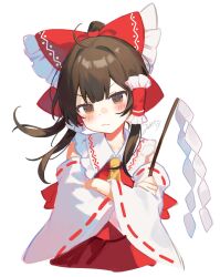 Rule 34 | 1girl, ahoge, ascot, blunt bangs, blush, bow, brown eyes, brown hair, cowboy shot, cropped legs, crossed arms, frilled hair tubes, frilled shirt collar, frills, frown, glaring, hair bow, hair tubes, hakurei reimu, highres, holding, holding stick, jill 07km, long hair, looking at viewer, ponytail, red bow, red skirt, red vest, signature, simple background, skirt, skirt set, solo, stick, touhou, v-shaped eyebrows, vest, white background, yellow ascot