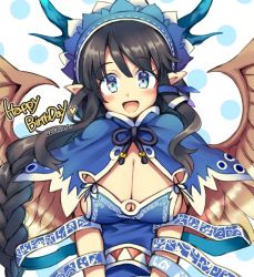 Rule 34 | 1girl, black hair, blue eyes, blush, braid, breasts, character request, cleavage, copyright request, dated, happy birthday, iroyopon, large breasts, long hair, looking at viewer, open mouth, pointy ears, smile, solo, upper body