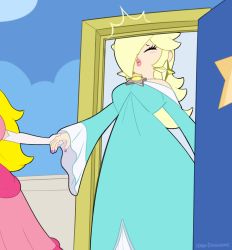 Rule 34 | 2girls, ^^^, artist name, bare shoulders, blonde hair, blue dress, blush, breasts, brooch, closed eyes, closed mouth, doorway, dress, earrings, elbow gloves, eyelashes, frown, gloves, hair over one eye, hard-degenerate, highres, holding hands, indoors, injury, jewelry, lips, long dress, long hair, long sleeves, mario (series), medium breasts, multiple girls, nail polish, nintendo, off-shoulder dress, off shoulder, open door, pink dress, pink lips, platinum blonde hair, princess peach, puffy short sleeves, puffy sleeves, purple nails, rosalina, short sleeves, star (symbol), star earrings, super mario bros. 1, super mario galaxy, tall female, white gloves, wide sleeves