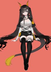 Rule 34 | 1girl, arknights, arknights: endfield, arms at sides, black capelet, black hair, black skirt, black thighhighs, breasts, capelet, character request, chen qianyu (arknights), closed mouth, dragon girl, dragon horns, dragon tail, full body, highres, horns, invisible chair, large breasts, long hair, looking at viewer, miniskirt, pink background, prototype design, purple eyes, shirt, simple background, sitting, skirt, smile, solo, srpzk, tail, thighhighs, twintails, very long hair, white shirt