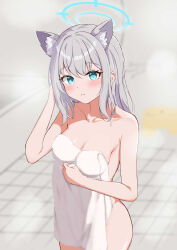 Rule 34 | 1girl, absurdres, animal ear fluff, animal ears, bathroom, bathtub, blue archive, blue halo, blush, breasts, cleavage, closed mouth, commentary request, cowboy shot, extra ears, green eyes, grey hair, halo, hand up, highres, hojichabu, indoors, long hair, looking at viewer, medium breasts, mismatched pupils, naked towel, shiroko (blue archive), solo, standing, towel, wolf ears