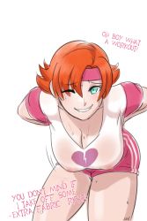 Rule 34 | !, 1girl, ;d, ?, bad id, bad tumblr id, breasts, cleavage, english text, green eyes, gym shorts, hairband, hanging breasts, highres, large breasts, leaning forward, looking at viewer, motion lines, nipples, no bra, nora valkyrie, one eye closed, open mouth, orange hair, rwby, see-through, shirt, shorts, simple background, sinccubi, smile, solo, sweat, text focus