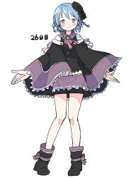 Rule 34 | 1girl, ankle boots, bare legs, beret, bike shorts, black capelet, black footwear, black hat, black ribbon, blue eyes, blue hair, blush, boots, braid, capelet, closed mouth, cosplay, dot nose, flat chest, floating hair, frilled capelet, frilled skirt, frills, frl1015, full body, grey skirt, hair between eyes, half-closed eyes, happy, hat, high collar, highres, knees together feet apart, light smile, looking at viewer, magia record: mahou shoujo madoka magica gaiden, mahou shoujo madoka magica, miki sayaka, multiple braids, neck ribbon, outstretched arms, palms, pink ribbon, purple ribbon, ribbon, short hair, simple background, skirt, solo, soul gem, standing, tamaki ui, tamaki ui (cosplay), white background