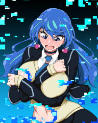 1girl 8-bit :o alternate_breast_size alternate_costume alternate_hairstyle blazer blue_angel_(yu-gi-oh!) blue_background blue_eyes blue_hair breasts cardigan choker covered_collarbone earrings embarrassed heart heart_earrings highres jacket jewelry led_(artist) long_hair multicolored_hair school_uniform skirt solo standing yu-gi-oh! yu-gi-oh!_vrains zaizen_aoi