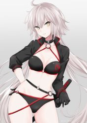 Rule 34 | 1girl, ahoge, belt, bikini, black bikini, black choker, black gloves, blush, breasts, choker, closed mouth, commentary request, contrapposto, cowboy shot, fate/grand order, fate (series), gloves, grey background, hand on own hip, ica, jeanne d&#039;arc alter (swimsuit berserker) (fate), jeanne d&#039;arc (fate), jeanne d&#039;arc alter (fate), jeanne d&#039;arc alter (swimsuit berserker) (fate), katana, light blush, light smile, long hair, long sleeves, looking at viewer, medium breasts, navel, o-ring, pale skin, silver hair, simple background, solo, standing, swimsuit, sword, twitter username, very long hair, weapon, yellow eyes