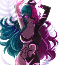 Rule 34 | 1girl, breasts, cleavage, covered erect nipples, glowing, glowing eyes, green hair, grin, hel (p&amp;d), large breasts, long hair, looking at viewer, multicolored hair, navel, pink hair, puzzle &amp; dragons, smile, solo, tattoo, two-tone hair, zaxwu