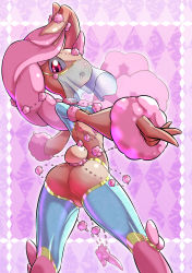 Rule 34 | 1girl, alternate color, animal nose, argyle, argyle background, argyle clothes, arm up, ass, blue pantyhose, body fur, brown fur, clothed pokemon, colored sclera, creatures (company), crotchless, crotchless pantyhose, dancer, dancing, female focus, flat chest, from behind, fumirumochigashin, fur-trimmed sleeves, fur trim, furry, furry female, game freak, gen 4 pokemon, gold trim, grey sclera, harem outfit, highres, legs apart, looking at viewer, looking back, lopunny, mouth veil, nintendo, no pussy, open mouth, outstretched arm, pantyhose, pink background, pink fur, pokemon, pokemon (creature), rabbit ears, rabbit girl, rabbit tail, reaching, reaching towards viewer, red eyes, shiny pokemon, short sleeves, shrug (clothing), solo, standing, teeth, two-tone fur, veil