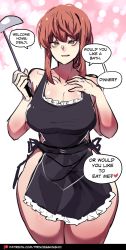Rule 34 | 1girl, apron, breasts, chainsaw man, cleavage, cowboy shot, english text, highres, hinghoi, holding, large breasts, looking at viewer, makima (chainsaw man), naked apron, open mouth, red hair, ringed eyes, shinkon santaku, sidelocks, sketch, smile, solo, speech bubble, standing