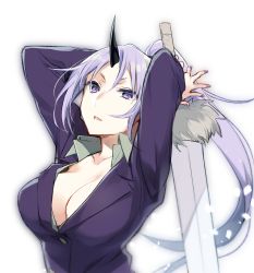 Rule 34 | 1girl, arms up, black horns, black horns, blazer, breasts, cleavage, collarbone, collared shirt, dress shirt, floating hair, grey shirt, hair between eyes, high ponytail, highres, holding, holding sword, holding weapon, horn, horns, jacket, large breasts, long hair, long sleeves, mikoto kei, nail polish, office lady, oni, oni girl, oni horn, oni horns, open clothes, open jacket, open mouth, open shirt, purple eyes, purple hair, purple jacket, purple nails, shion (tensei shitara slime datta ken), shirt, silver hair, simple background, single horn, solo, sword, tensei shitara slime datta ken, upper body, very long hair, weapon, white background, wing collar