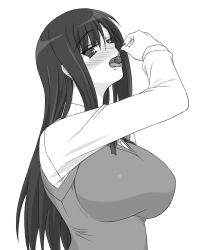 Rule 34 | blush, breasts, cherry, food, fruit, greyscale, kurusugawa ayaka, large breasts, monochrome, open mouth, sexually suggestive, shichimenchou, simple background, solo, to heart, to heart (series), tongue