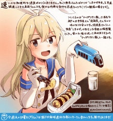 Rule 34 | 1girl, :d, black neckerchief, blonde hair, blue sailor collar, chopsticks, colored pencil (medium), commentary request, crop top, cup, dated, drinking glass, elbow gloves, food, gloves, grey eyes, holding, holding chopsticks, kantai collection, kirisawa juuzou, long hair, neckerchief, numbered, open mouth, sailor collar, shimakaze (kancolle), sleeveless, smile, solo, traditional media, translation request, twitter username, white gloves