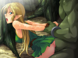 Rule 34 | 1girl, artist request, bent over, blonde hair, blue eyes, censored, colored skin, deedlit, elf, from behind, green skin, holding another&#039;s wrist, interspecies, long hair, monster, open mouth, outdoors, pointy ears, rape, record of lodoss war, restrained, sex, vaginal