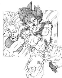 Rule 34 | battle damage, dragon ball, dragon ball super, greyscale, highres, jewelry, kamehameha (dragon ball), kefla (dragon ball), lineart, looking at viewer, looking to the side, monochrome, muscular, open mouth, shouting, simple background, son goku, spiked hair, super saiyan, torn clothes, ultra instinct, young jijii