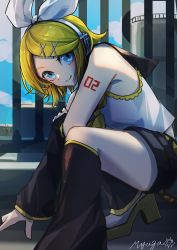 Rule 34 | 1girl, aqua eyes, artist name, bare shoulders, blonde hair, blue eyes, blue sky, bow, detached sleeves, factory, hair bow, hair ornament, hairclip, headphones, headset, kagamine rin, leg warmers, looking at viewer, myuga66666, number tattoo, sailor collar, shirt, short hair, shorts, shoulder tattoo, signature, sky, sleeveless, sleeveless shirt, smile, solo, squatting, tattoo, vocaloid