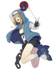 Rule 34 | 1boy, androgyne symbol, arm up, ass, black gloves, blonde hair, blue footwear, blue hoodie, blush, bridget (guilty gear), chain, cuffs, eyelashes, fingerless gloves, fingernails, gloves, green eyes, grey socks, guilty gear, guilty gear strive, hair between eyes, handcuffs, highres, holding, holding toy, hood, hood up, hoodie, long fingernails, male focus, medium hair, nun, open clothes, open hoodie, open mouth, oversized object, oversized zipper, shiny skin, simple background, smile, socks, solo, teeth, tongue, toy, trap, udakyo, w, white background, yo-yo, zipper, zipper pull tab
