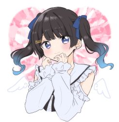 Rule 34 | angel wings, black bow, black bowtie, black hair, blue eyes, blue ribbon, blush, bow, bowtie, clothing cutout, collar, commentary, cropped torso, earrings, embarrassed, frilled collar, frilled shirt, frills, hair ornament, hair ribbon, hairclip, heart, jewelry, long sleeves, looking at viewer, medium hair, misa aren, nijisanji, ribbon, shirt, shoulder cutout, solo, stud earrings, tsukino mito, tsukino mito (14th costume), twintails, upper body, virtual youtuber, wings
