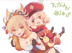 Rule 34 | 2girls, :d, arm tattoo, back-to-back, bandaged arm, bandages, blonde hair, blush, boots, breasts, brown footwear, brown gloves, cabbie hat, chest tattoo, commentary request, dress, genshin impact, gloves, hair between eyes, hat, japanese clothes, kimono, klee (genshin impact), knee boots, long sleeves, low twintails, medium breasts, multiple girls, nanamo yado, open mouth, orange eyes, orange kimono, ponytail, red dress, red eyes, red headwear, sarashi, simple background, smile, tattoo, teeth, twintails, upper teeth only, yoimiya (genshin impact)