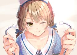 Rule 34 | 1girl, blonde hair, blue dress, blue ribbon, braid, breasts, close-up, closed mouth, collarbone, commentary request, downblouse, dress, hair ribbon, hat, highres, holding, holding stethoscope, isshiki iroha, looking at viewer, medium hair, nail polish, nanashi (74 nanashi), nurse, nurse cap, one eye closed, ribbon, small breasts, solo, stethoscope, striped clothes, striped dress, twin braids, vertical-striped clothes, vertical-striped dress, yahari ore no seishun lovecome wa machigatteiru., yellow eyes