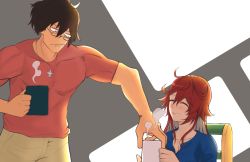 Rule 34 | 1boy, 1girl, brown eyes, casual, coffee mug, couple, cup, glasses, guilty gear, happy, jack-o&#039; valentine, long hair, mug, multicolored hair, muscular, muscular male, shirt, smile, sol badguy, t-shirt, two-tone hair