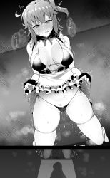 Rule 34 | 1girl, ahoge, ahoge wag, bare shoulders, bikini, blush, breasts, cleavage, clenched teeth, collarbone, expressive hair, fate/grand order, fate (series), fujimaru ritsuka (female), greyscale, highres, large breasts, looking at viewer, monochrome, navel, one side up, pussy juice, short hair, solo, sweat, swimsuit, teeth, thighhighs, thighs, wakamochi-ta