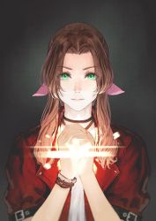 Rule 34 | 1girl, aerith gainsborough, bow, breasts, brown hair, dress, final fantasy, final fantasy vii, green eyes, grey background, highres, jun (navigavi), long hair, looking at viewer, own hands together, parted bangs, pink dress, ribbon, simple background, smile, solo