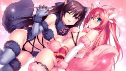 Rule 34 | 2girls, :3, :p, animal ear fluff, animal ears, antenna hair, ao no kanata no four rhythm, arms behind back, ass, black hair, black panties, blue eyes, blue fur, blue gloves, blue tail, blue thighhighs, blush, breasts, cleavage, closed mouth, commentary request, commission, cosplay, covering privates, covering ass, curvy, dutch angle, elbow gloves, embarrassed, eyelashes, eyes visible through hair, fake animal ears, fake tail, fate/grand order, fate (series), fingernails, floating hair, frown, fur-trimmed thighhighs, fur trim, gloves, hair between eyes, hair intakes, hand up, highres, kurashina asuka, large breasts, long hair, looking at viewer, looking back, mash kyrielight, mash kyrielight (dangerous beast), mash kyrielight (dangerous beast) (cosplay), midriff, multiple girls, navel, one eye closed, panties, paw pose, pink background, pink fur, pink hair, pink tail, purple eyes, second-party source, sharp fingernails, shiny skin, sideboob, sidelocks, simple background, skeb commission, skindentation, smile, standing, stomach, straight hair, tail, thighhighs, thighs, tobisawa misaki, tongue, tongue out, two side up, underwear, very long hair, wing hair ornament, zen (kamuro)