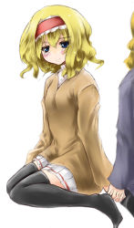 Rule 34 | 2girls, alice margatroid, bad id, bad pixiv id, blonde hair, casual, female focus, full body, multiple girls, r0g0b0, simple background, sitting, solo, thighhighs, touhou, white background, zettai ryouiki
