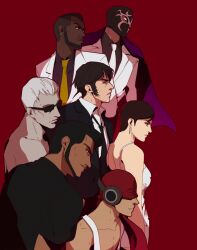 Rule 34 | 1girl, 6+boys, bandana, black hair, black necktie, blood, blood on clothes, breasts, brown hair, cape, colored skin, commentary, con smith, covered eyes, coyote smith, dan smith, dark-skinned male, dark skin, dress, earrings, english commentary, facial hair, formal, garcian smith, goatee, grey hair, grey skin, hanpetos, headphones, jewelry, kaede smith, kevin smith, killer7, loose necktie, mask, mask de smith, medium breasts, multiple boys, necktie, purple cape, red background, red bandana, short hair, sideburns, spaghetti strap, suit, sunglasses, tank top, very dark skin, white dress, white necktie, white suit, white tank top, yellow necktie