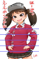 Rule 34 | 1girl, artist name, black skirt, brown eyes, brown hair, cowboy shot, fang, flat chest, hands on own hips, japanese clothes, kantai collection, kariginu, lee (colt), looking at viewer, magatama, pleated skirt, red shirt, split depth, ryuujou (kancolle), shirt, simple background, skirt, solo, translation request, twintails, v-shaped eyebrows, visor cap, white background