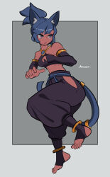 Rule 34 | 1girl, amazu (kurozu), animal ear fluff, animal ears, aoi (amazu), bare shoulders, black pants, black socks, blue hair, breasts, bridal gauntlets, cat ears, cat girl, cat tail, closed mouth, commentary, crop top, eyebrows hidden by hair, full body, grey background, highres, hip vent, looking to the side, medium breasts, no shoes, original, pants, ponytail, puffy pants, red eyes, short eyebrows, signature, socks, solo, stirrup legwear, tail, thick eyebrows, toeless legwear