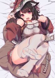 Rule 34 | 1girl, absurdres, animal ear fluff, animal ears, artist name, azur lane, bell, black hair, bobblehat, capelet, cat ears, cat girl, christmas, dated, fang, feet, foreshortening, hair ornament, highres, jingle bell, lying, no shoes, official alternate costume, on back, open mouth, panties, pantyshot, paw pose, red capelet, red eyes, red hood, sack, santa costume, shirt, short hair, skin fang, smile, soles, striped clothes, striped shirt, sunebu (snake boo2), thighhighs, underwear, vertical-striped clothes, vertical-striped shirt, white thighhighs, yamashiro (azur lane), yamashiro (holiday offensive) (azur lane), zipper