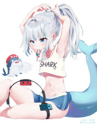 Rule 34 | 1girl, absurdres, adjusting hair, alternate costume, alternate hairstyle, armpits, arms up, bloop (gawr gura), blue eyes, blue hair, blue nails, boyshort panties, collarbone, crop top, dated, fins, fish tail, gawr gura, hair intakes, highres, hololive, hololive english, midriff, mouth hold, multicolored hair, nail polish, navel, pom pom (cheerleading), ponytail, ring fit adventure, shark tail, silver hair, simple background, sitting, sweat, tail, thigh strap, timo wei95, twitter username, two-tone hair, tying hair, virtual youtuber, white background