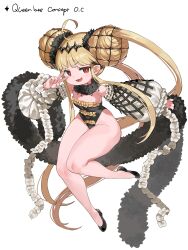 Rule 34 | 1girl, :3, absurdres, bare legs, bare shoulders, black footwear, black leotard, blonde hair, blunt bangs, bun cover, detached sleeves, diadem, double bun, english text, flat chest, frilled leotard, frills, full body, hair bun, highleg, highleg leotard, highres, kkaebing, legs, leotard, long hair, long legs, long sleeves, looking at viewer, open mouth, original, pointy ears, puffy detached sleeves, puffy sleeves, red eyes, shoes, simple background, smile, smug, solo, strapless, strapless leotard, twintails, v, very long hair, white background