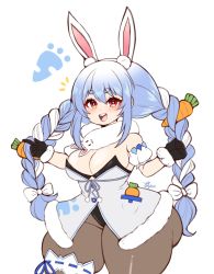 Rule 34 | 1girl, absurdres, animal ear fluff, animal ears, artist name, braid, breasts, bridal garter, carrot, cleavage, clenched hand, commission, don-chan (usada pekora), food-themed hair ornament, hair ornament, highres, hololive, jojobee, large breasts, light blush, looking at viewer, open mouth, orange eyes, pantyhose, pointing, rabbit ears, shortstack, solo, thick thighs, thighs, twin braids, usada pekora, usada pekora (1st costume), virtual youtuber, wide hips