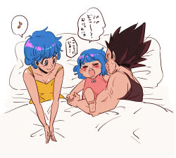 Rule 34 | 1boy, 2girls, bed, bed sheet, black eyes, black hair, blue eyes, blue hair, bra (dragon ball), bulma, dragon ball, dragonball z, dress, father and daughter, happy, highres, looking at another, miiko (drops7), mother and daughter, multiple girls, musical note, nervous, pillow, pink dress, ribbon, short hair, sleeping, smile, speech bubble, spiked hair, sweatdrop, translated, vegeta