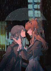 Rule 34 | 2girls, black coat, braid, checkered hairband, chinese commentary, closed eyes, coat, commentary request, dress, from side, green eyes, grey dress, grey hair, hair bun, hand on another&#039;s neck, highres, holding, holding umbrella, imminent kiss, leaning forward, long hair, long sleeves, looking at another, multiple girls, orange hair, outdoors, parted lips, rain, reverse:1999, side braid, single side bun, smile, sonetto (reverse:1999), transparent, transparent umbrella, two side up, umbrella, upper body, vertin (reverse:1999), water drop, xiangjian niuyou, yuri