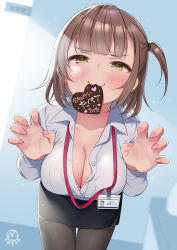 Rule 34 | 1girl, :3, black pantyhose, black skirt, bra, bra peek, breasts, brown hair, candy, chocolate, chocolate heart, claw pose, cleavage, collarbone, collared shirt, commentary request, cowboy shot, dress shirt, food, heart, highres, id card, large breasts, leaning forward, looking at viewer, miniskirt, mole, mole under eye, mouth hold, nail polish, office lady, one side up, original, pantyhose, partially unbuttoned, pencil skirt, pink bra, shirt, short hair, side slit, skirt, solo, thigh gap, translated, tsukana (saba mizore), underwear, v-shaped eyebrows, valentine, white shirt, yellow eyes