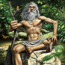 Rule 34 | 1boy, acorn, armpits, barefoot, beard, bird, bug, butterfly, facial hair, feet, forest, insect, jewelry, male focus, matataku, muscular, nature, necklace, old, old man, solo, squirrel