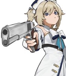 Rule 34 | 1girl, aiming, aiming at viewer, barbara (genshin impact), blonde hair, blue eyes, bow, detached sleeves, dress, drill hair, empty eyes, flasso, genshin impact, gun, hair between eyes, handgun, hat, highres, holding, holding gun, holding weapon, long hair, looking at viewer, m1911, parted lips, simple background, solo, twin drills, twintails, weapon, white background, white dress